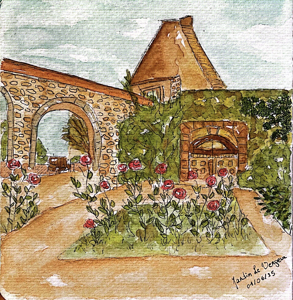 Un jardin fleuri et une arche de pierre