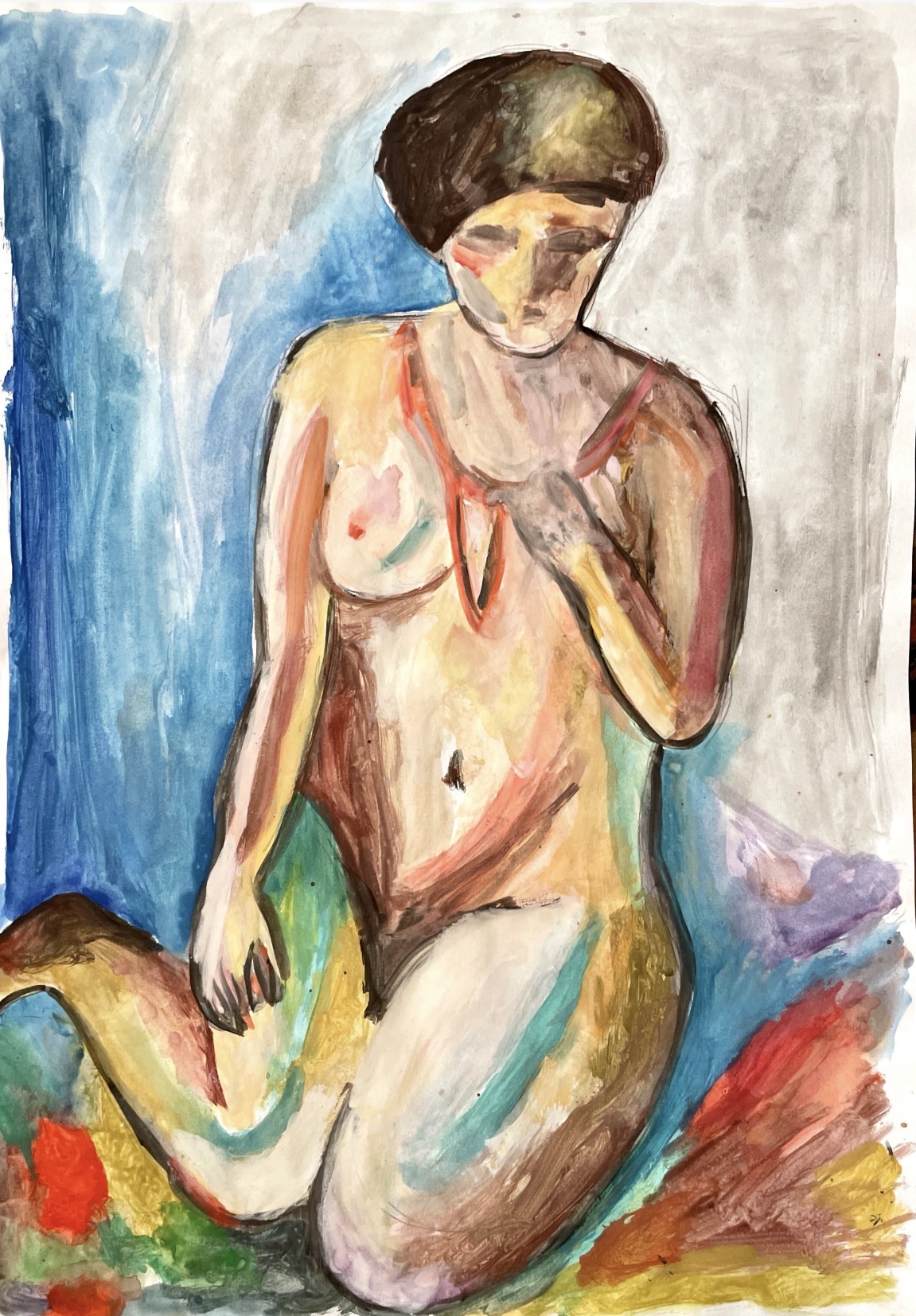 Femme nue accroupie, gouache aux tons chauds sur fond bleu