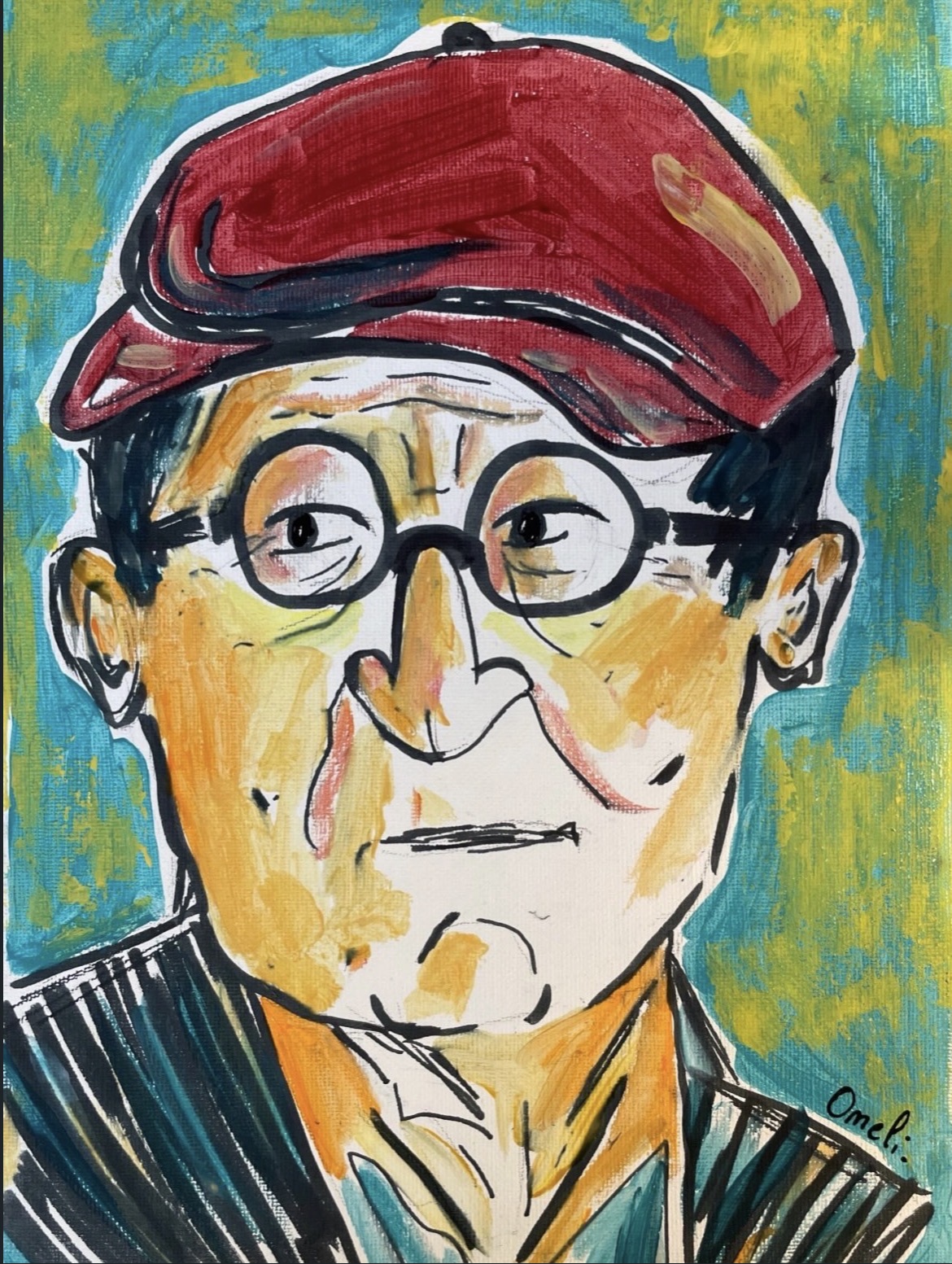 Portrait d’un homme à la casquette rouge, dans l’esprit de David Hockney