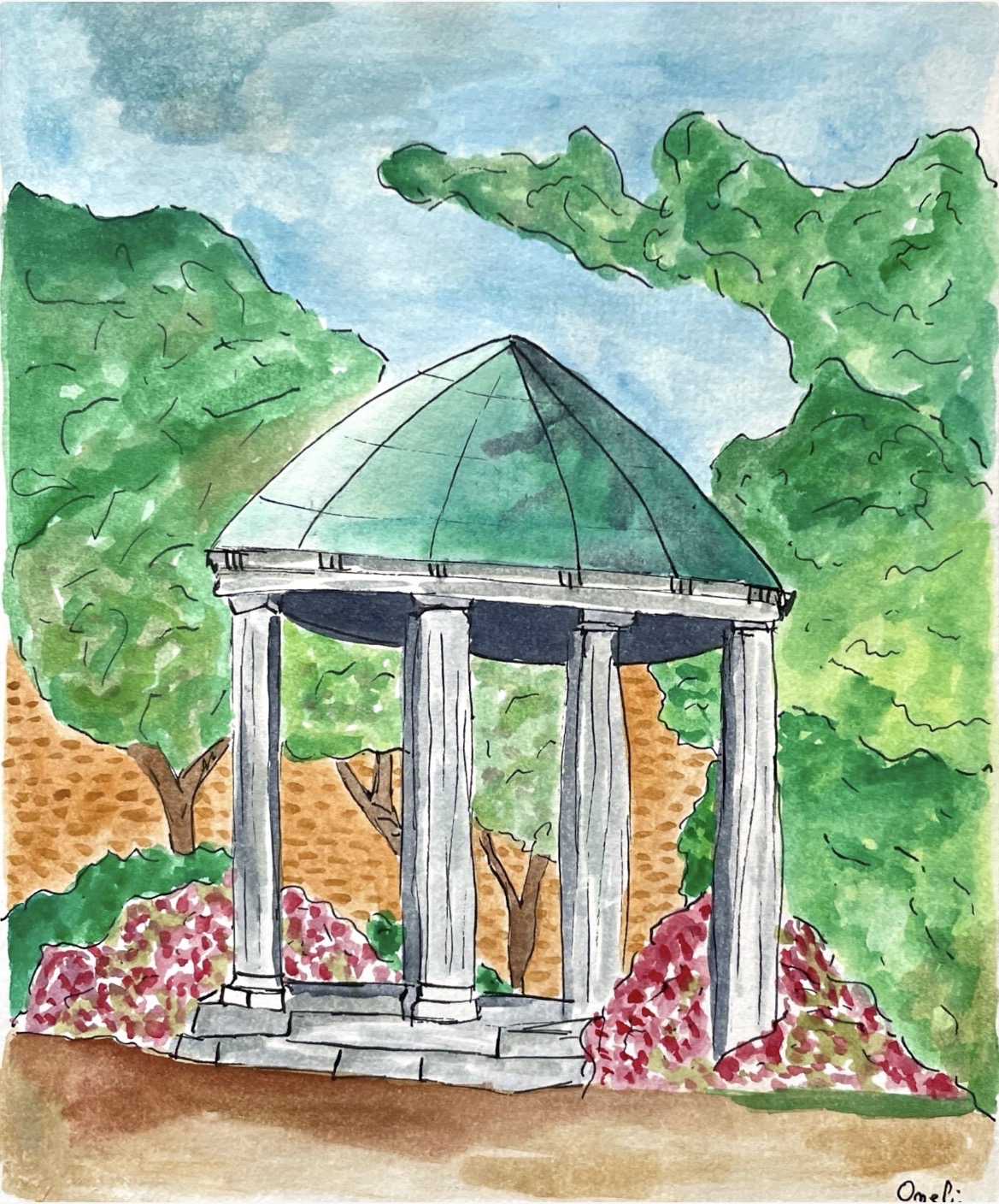Un temple dans un jardin fleuri, à l’aquarelle