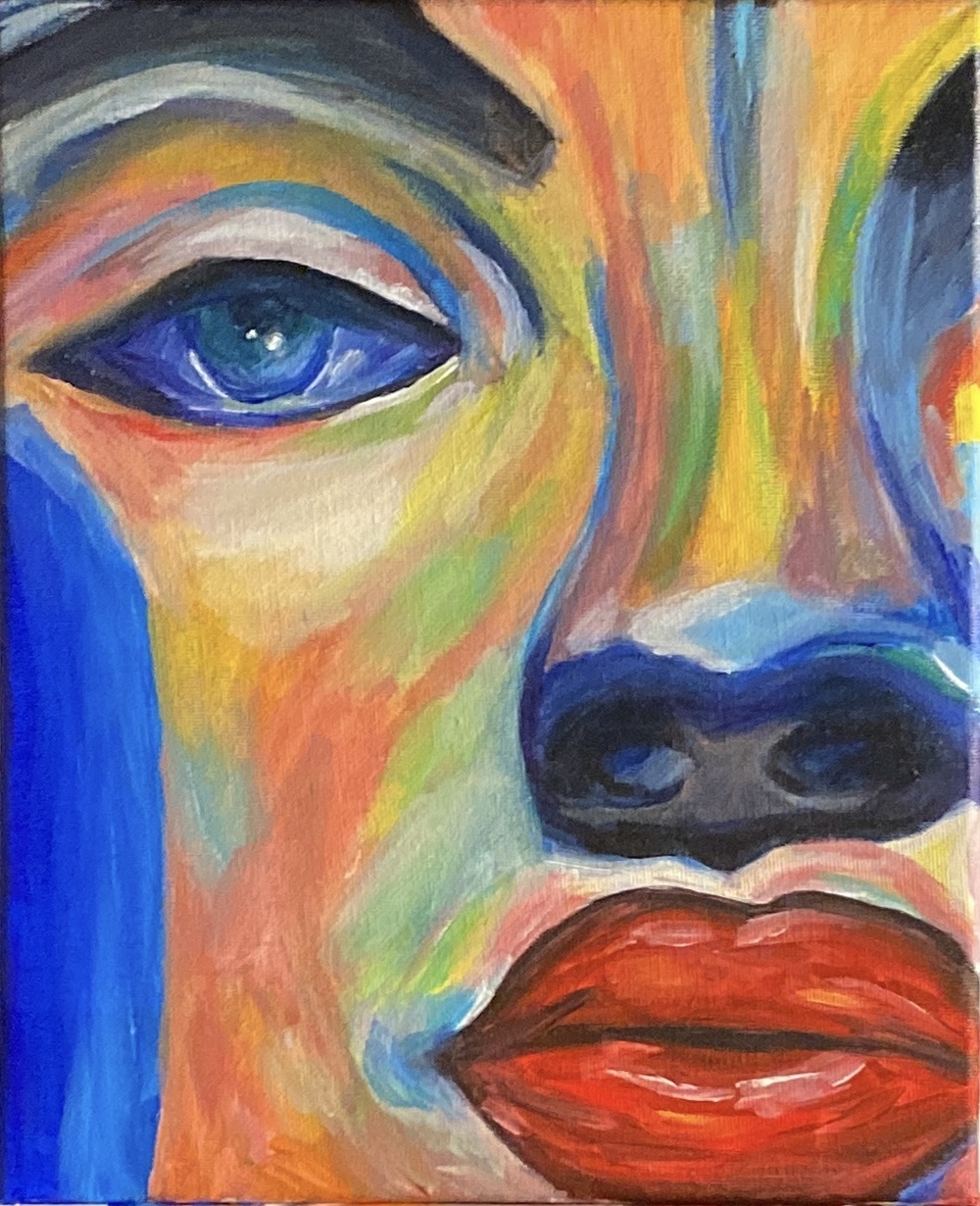 Un regard bleu et un visage aux couleurs arc-en-ciel
