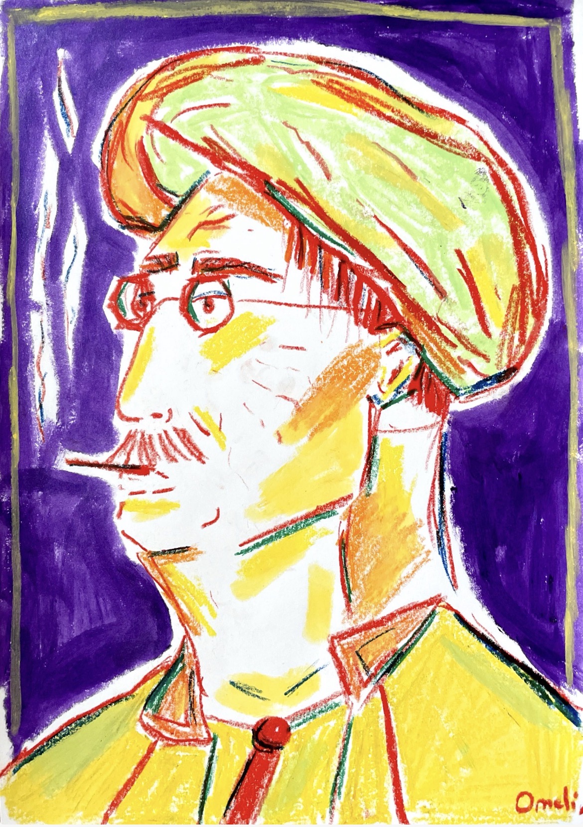 Portrait de profil d’un homme au béret sur fond violet