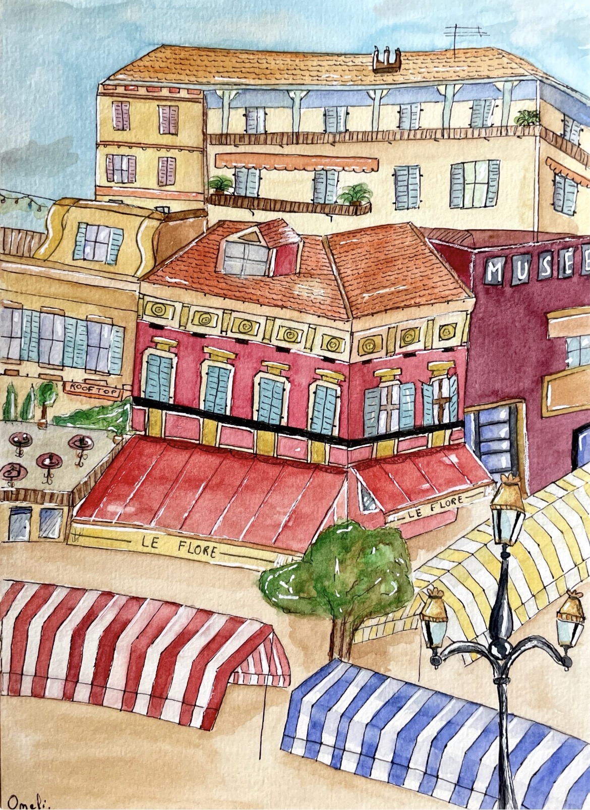 La terrasse du Flore, parasols rayés et façades ensoleillées