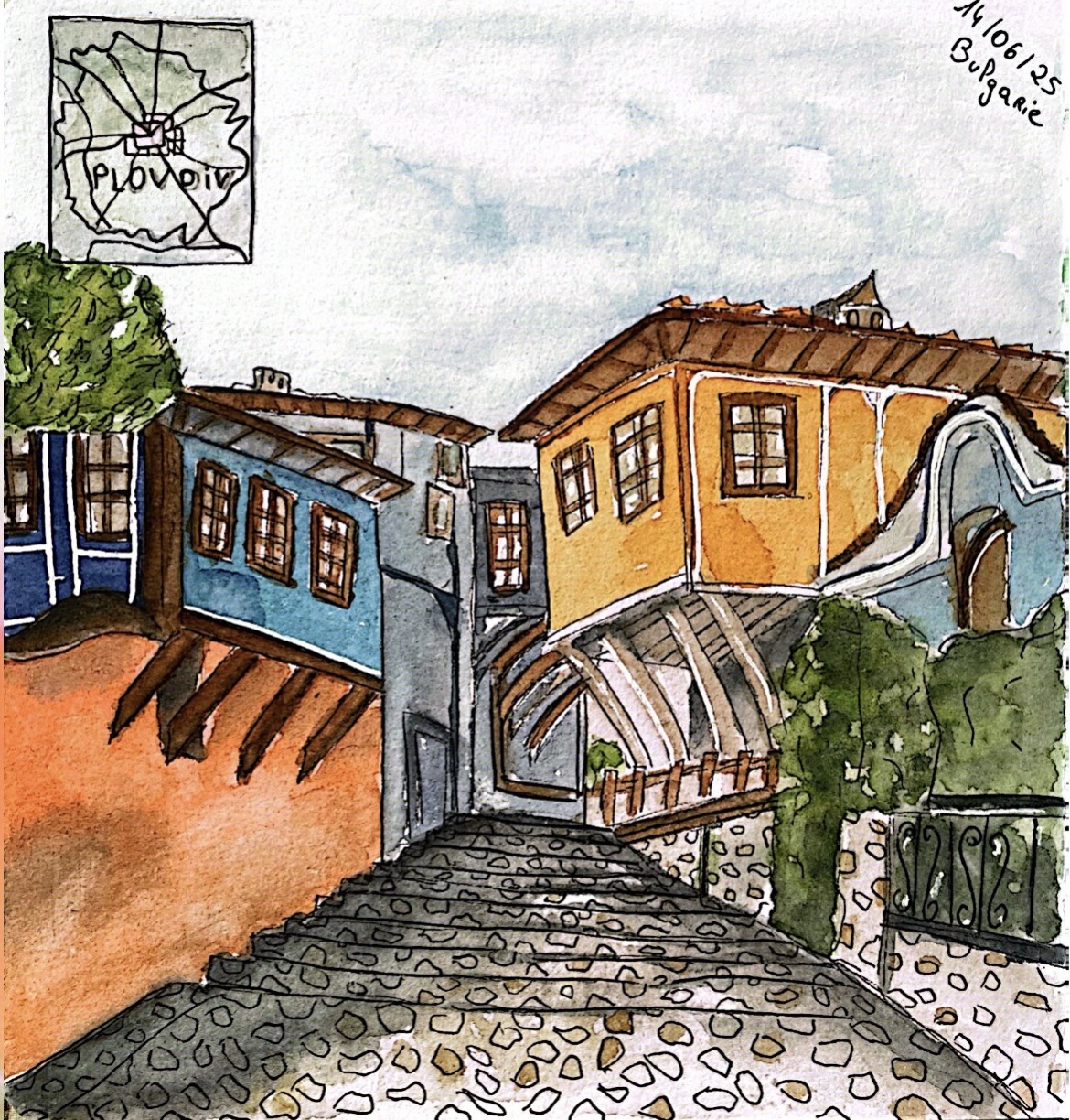 Une ruelle pavée et les façades anciennes de Plovdiv