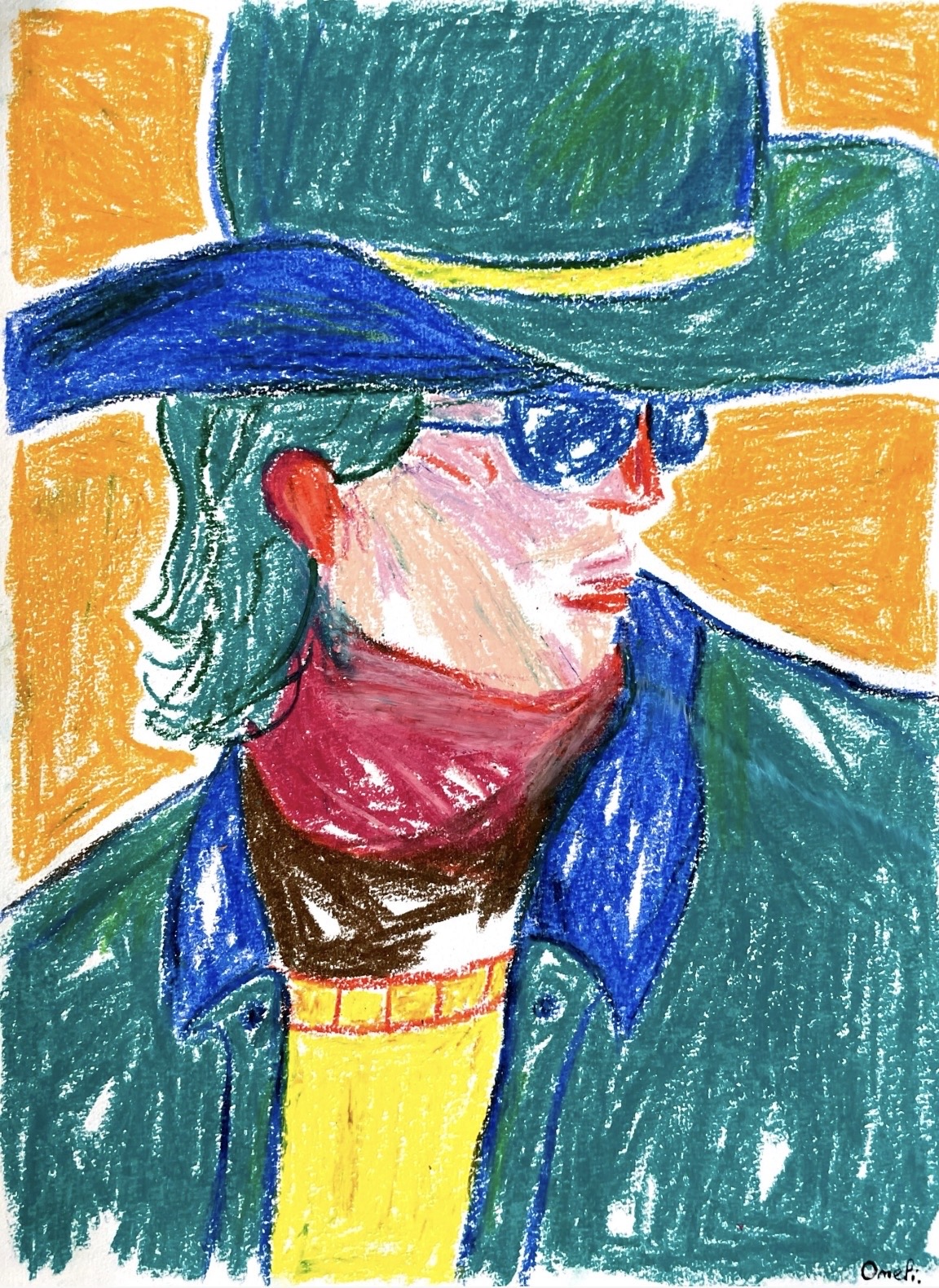 Portrait aux pastels d’un homme au chapeau bleu et aux lunettes