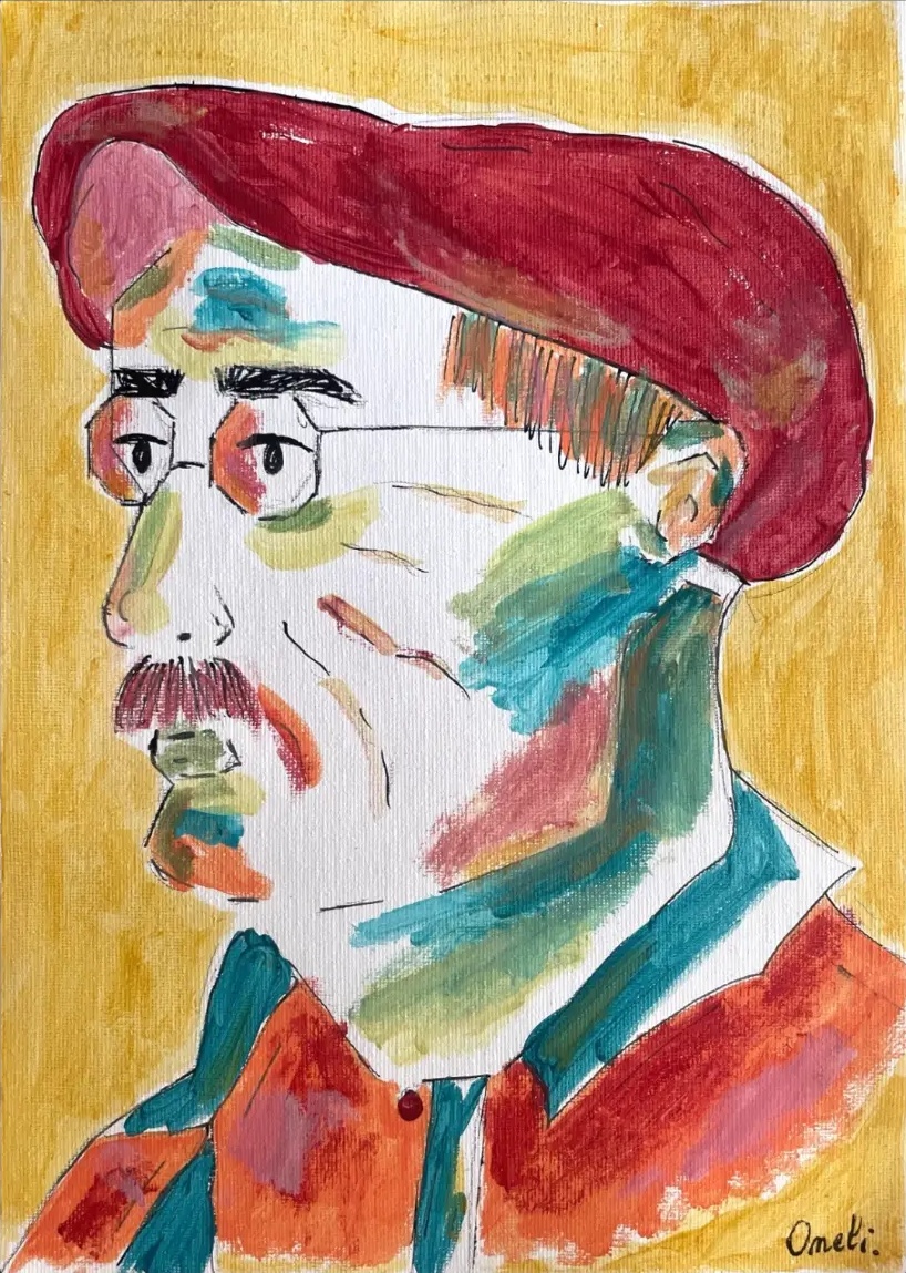 Portrait au béret rouge et aux lunettes rondes
