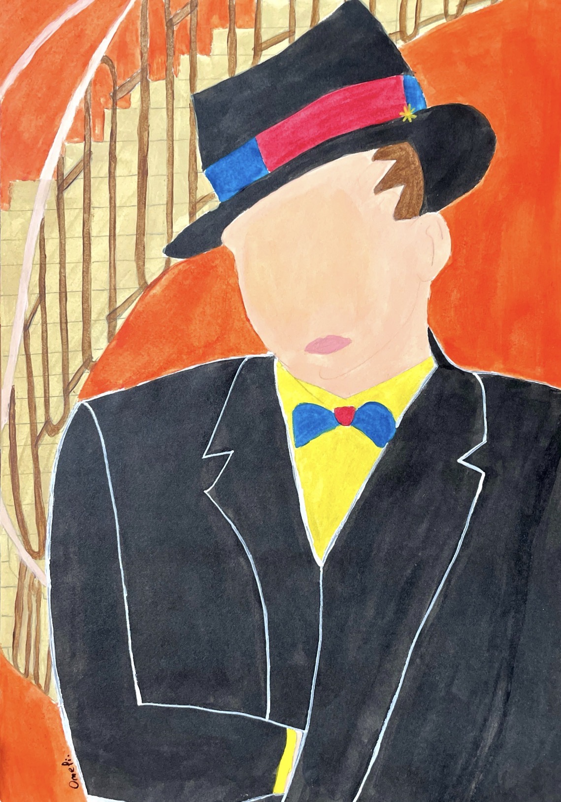 Un homme en costume et chapeau noir, sur fond orangé